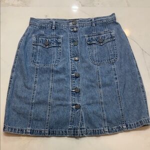 High-Rise Button-Front Denim A-Line Skirt in Blue